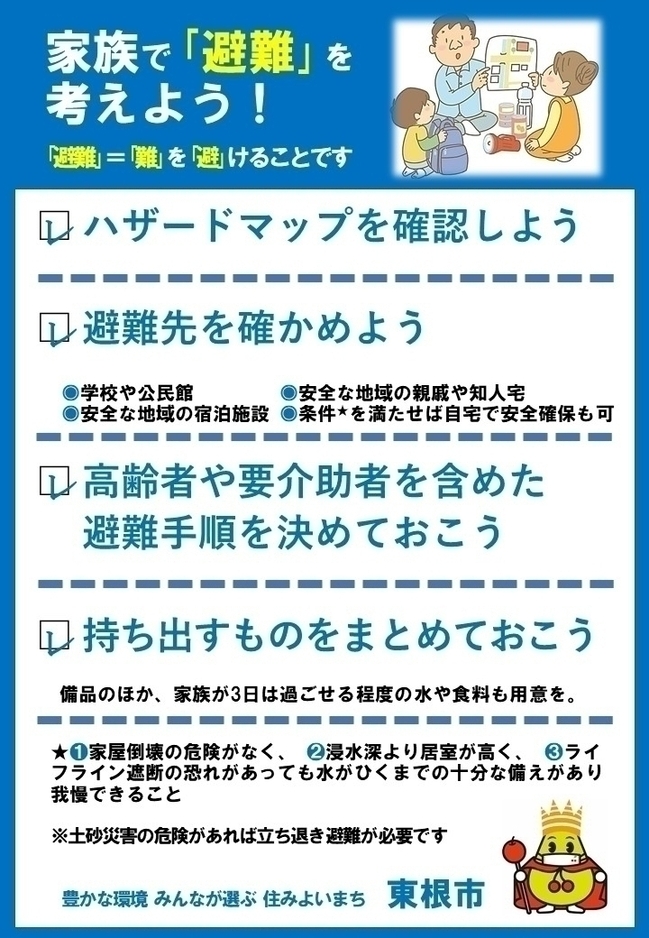 家族で「避難」を考えよう
 ・ハ ザードマップを確認しよう。・避難先を確かめよう。・高齢者や用介助者を含めた避難手順を決めておこう。・持ち出すものをまとめておこう。