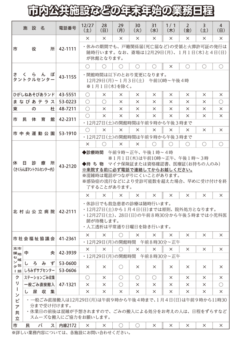 市内公共施設などの年末年始の業務日程