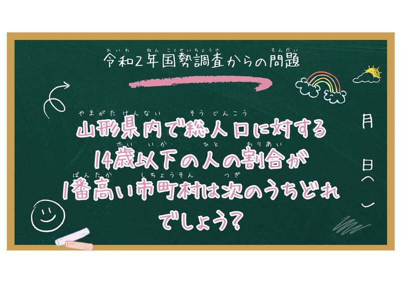 令和２年国勢調査で山形県内で総人口に対する14歳以下の人の割合が1番高い市町村は次のうちどれでしょう？
