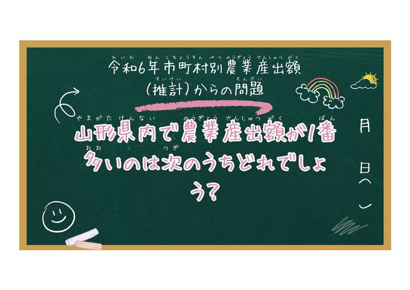 令和6年市町村別農業産出額（推計）で山形県内で農業産出額が１番多いのは次のうちどれでしょう？